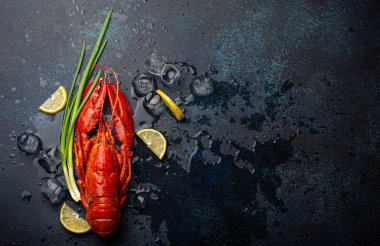 Limonlu ve buzlu ıstakoz mavi taş zemin üzerinde üst görünüm