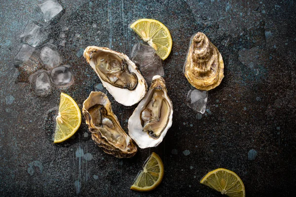 Ostras frescas abiertas vista superior con cuñas de limón y hielo — Foto de Stock