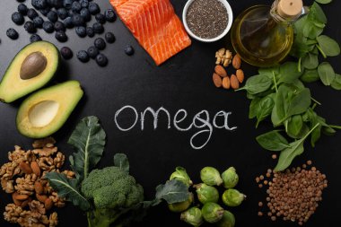 Healthy food background with good fat sources, ingredients rich in Omega fatty acids