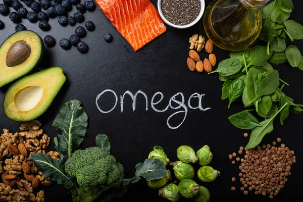 Healthy food background with good fat sources, ingredients rich in Omega fatty acids