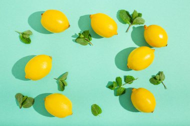 Minimum mavi arka planda naneli limonlar. Güneş, arka planda sert gölgeler bırakıyor.