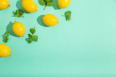 Minimum mavi arka planda naneli limonlar. Güneş, arka planda sert gölgeler bırakıyor.