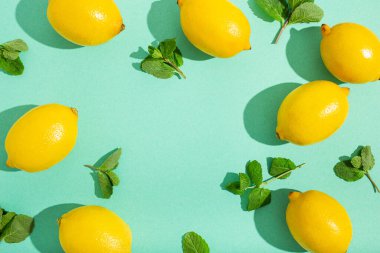 Minimum mavi arka planda naneli limonlar. Güneş, arka planda sert gölgeler bırakıyor.