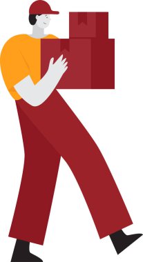 Teslimat hizmetleri kuryesi. Karton kutu taşıyan turuncu üniformalı teslimatçı. Düz vektör karikatür çizimi.