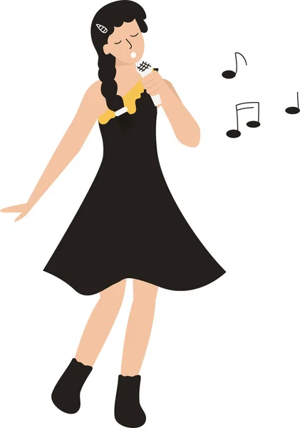 Молодая Женщина Черном Платье Поет Плоский Дизайн Счастливой Молодой Певицы — стоковый вектор