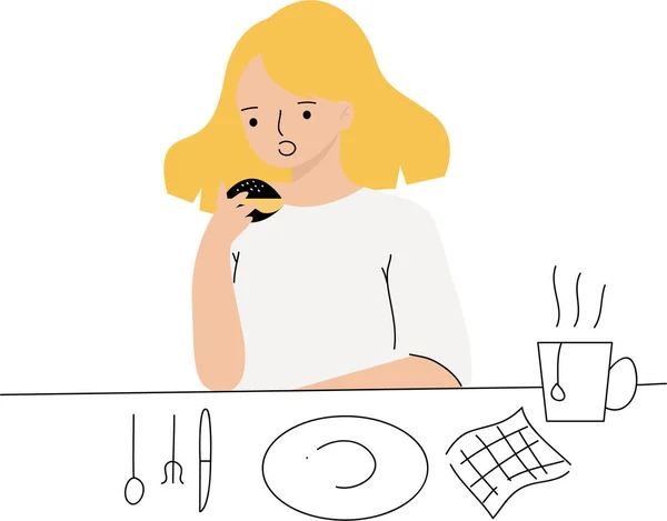 ブラックバーガーを食べるフラットデザインの人々 若い女のフラットイラスト Eating Concept — ストックベクタ