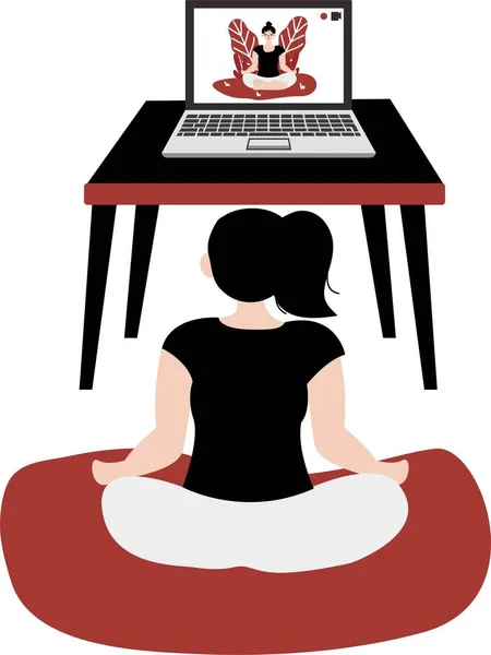 Оставайся Дома Девушка Смотрит Онлайн Уроки Ноутбуке Практикует Йогу Медитацию — стоковый вектор