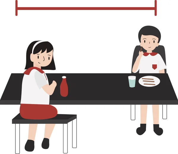Étudiant Manger Avec Distanciation Sociale Cantine — Image vectorielle