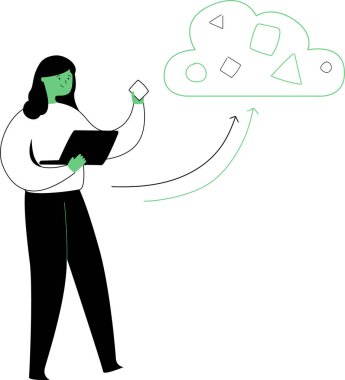 Bulut veri depolama düz illüstrasyon iş teknolojisi sunucu konsepti web vektör illüstrasyonu. İş kadını bulut deposuna belge yüklüyor. Yaratıcı insanlar koleksiyonu.