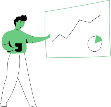 İş adamları grafiklerini gösteriyorlar. İş sunumu. Düz vektör illüstrasyonu.