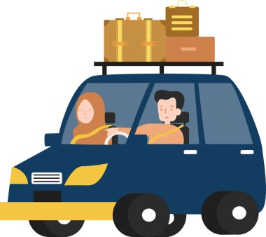 Kurban Bayramı 'nın öncesinde Müslüman Aile memleketine dönüyor. Müslüman İnsanların Düz Tasarım İllüstrasyonu