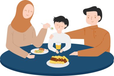 Aile Zamanı Konsepti. Ramazan Bayramı 'nda beslenen anne çocuğu. Müslüman İnsanların Düz Tasarım İllüstrasyonu