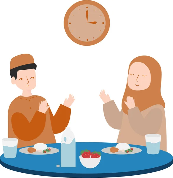 Mann Und Frau Essen Suhoor Mahlzeit Ramadan Und Fasten Flache — Stockvektor