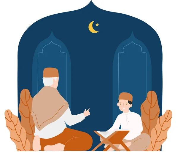 Ramadan Concept Muslim Kid Listening Spiritual Lecturer Flat Design Illustration — Stock Vector
