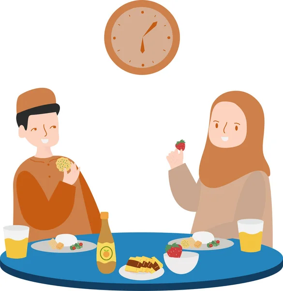 Jejum Conceito Ramadan Kareem Homem Mulher Comer Tempo Alcatrão Ilustração —  Vetores de Stock