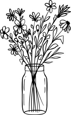 Siyah çim siluetleri, çiçekler ve bitkiler. Yaban Çiçeği Vektörü Clipart İllüstrasyonu.