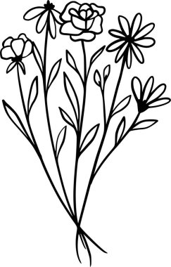 Siyah çim siluetleri, çiçekler ve bitkiler. Yaban Çiçeği Vektörü Clipart İllüstrasyonu.