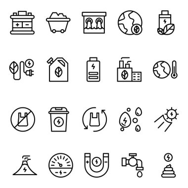 Taslak biçimli ikon yenilenebilir enerji seti. Acülatör, Kömür Arabası, Eko Batarya, Etc gibi Simgeler içerir. 