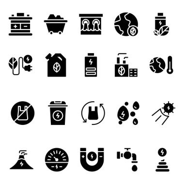 Kabartma biçimli ikon yenilenebilir enerji seti. Gauge, Eco Battery, Baraj, Etc gibi Simgeler içerir. 