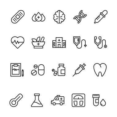 Taslak biçimli ikon tıp seti. Ambülans, şırınga, Uyuşturucu, Kan, Etnik Simgeler. 