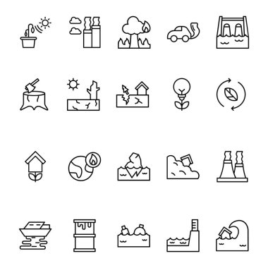 Taslak biçimli Simge Küresel Isınma. Kirlilik, Petrol Atık, Plastik Atık, Tsunami, Etc gibi Simgeler içerir. 