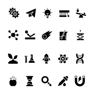 Kabartma şekilli ikon bilimi seti. Atom, Dropper, Tube, Flask, Etc gibi simgeler içerir. 