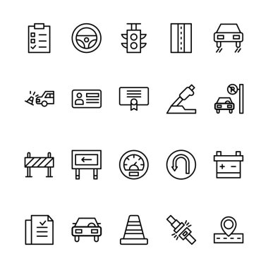 Ana hatlı Simge Sürüş Okulu. Fren, Araba, Pil, Koni, Etc gibi simgeler içerir. 