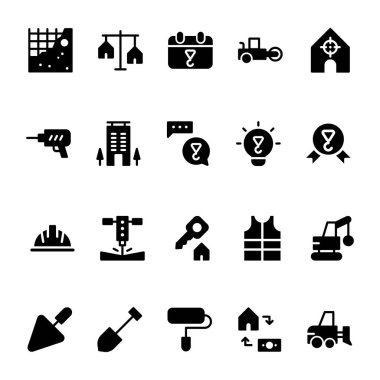 Glyph stili Icon İnşaat Şirketi. Beton, Sondaj Makinesi, Otel Etc gibi Simgeler içerir. 