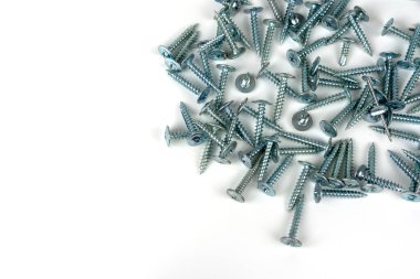 Beyaz arka planda izole edilmiş gümüş metal vidalar. Yakın plan. Boşluğu kopyala