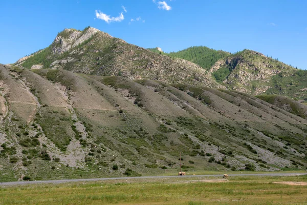 Picos Montañas Contra Cielo Con Nubes Blancas Día Soleado Verano — Foto de Stock