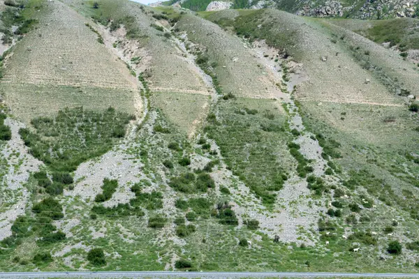 Κορυφές Βουνών Ενάντια Στον Ουρανό Άσπρα Σύννεφα Καλοκαίρι Ηλιόλουστη Μέρα — Φωτογραφία Αρχείου