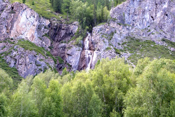 High Waterfall Small River Rocks Green Trees — Stock Photo, Image