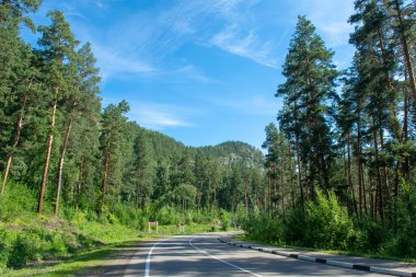 Dağ tepeleri arasında asfalt yol. Açık güneşli yaz günü