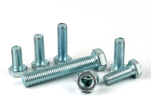 Large Metal Nuts Silver Metal Bolts Close White Background Group — Stock Photo, Image