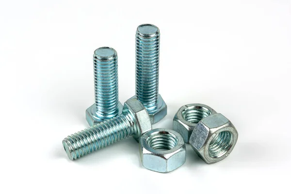 Large Metal Nuts Silver Metal Bolts Close White Background Group — Stock Photo, Image