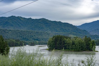 Geniş, huzursuz bir nehir, sularını dağ zirveleri arasında taşır. Yaz günü. Bulutlu hava.