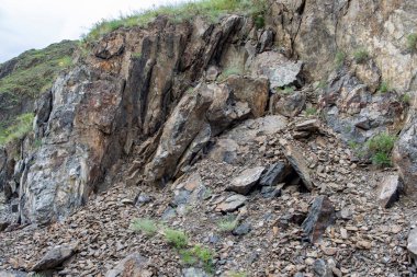 Geniş, huzursuz bir nehir, sularını dağ zirveleri arasında taşır. Yaz günü. Bulutlu hava.