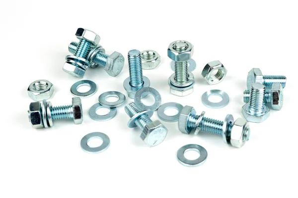 Large Group Silver Fasteners Fastening Structures Bolts Nuts Washers Close — стоковое фото