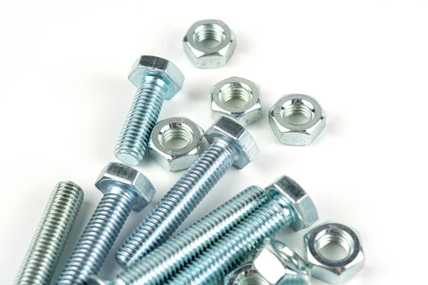 Large Group Silver Fasteners Fastening Structures Bolts Nuts Washers Close — Stok fotoğraf