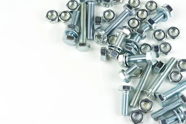 Various Silver Metal Bolts Fastening Bolts Washers Nuts White Background — Fotografia de Stock
