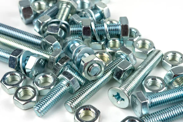 Large Group Silver Fasteners Fastening Structures Bolts Nuts Washers Close —  Fotos de Stock
