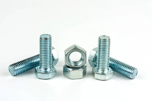 Large Bolts Silver Colored Metal Fastening Bolts Nuts White Background — Fotografia de Stock