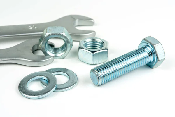 Small Group Silver Fasteners Fastening Structures Bolts Nuts Washers Close — 스톡 사진