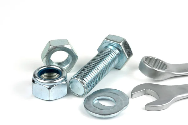 Small Group Silver Fasteners Fastening Structures Bolts Nuts Washers Close — Fotografia de Stock