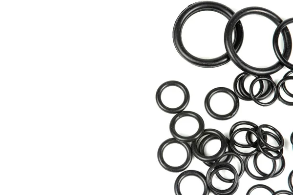 Hidraulikus Pneumatikus Gyűrűk Fekete Különböző Méretben Fehér Alapon Különböző Tömítések — Stock Fotó