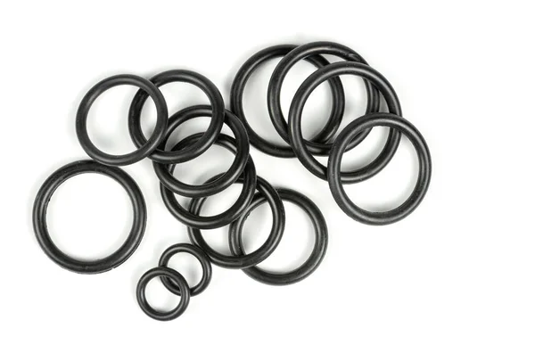 Hidraulikus Pneumatikus Gyűrűk Fekete Különböző Méretben Fehér Alapon Különböző Tömítések — Stock Fotó