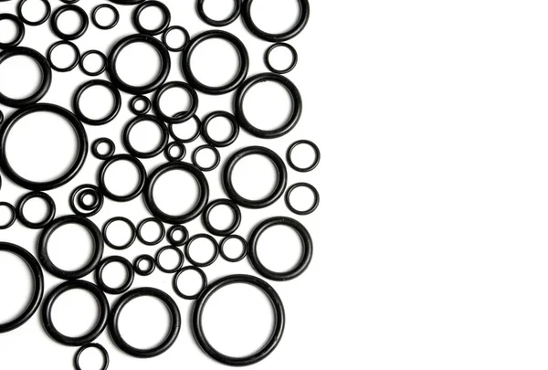 Hydraulische Pneumatische Ringen Zwart Verschillende Maten Een Witte Achtergrond Diverse — Stockfoto