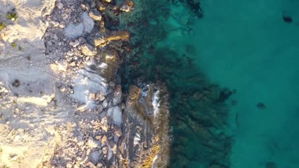 Aerial Top Shot Flying Waves Crashing Rocks Turquoise Sea Water — Stock Video