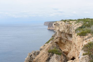 İspanya 'nın Mallorca kentindeki Cap Blanc' ta dik kıyı kayalıkları.