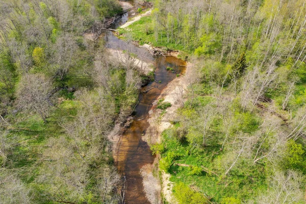 Aerial High Angle View Bendy River Spring — 스톡 사진